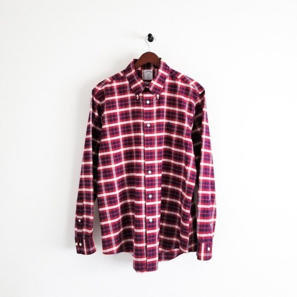 NEW Brooks Brothers Shirt Oxford Regent Button Down Plaid Navy Blue Red L - Picture 3 of 9